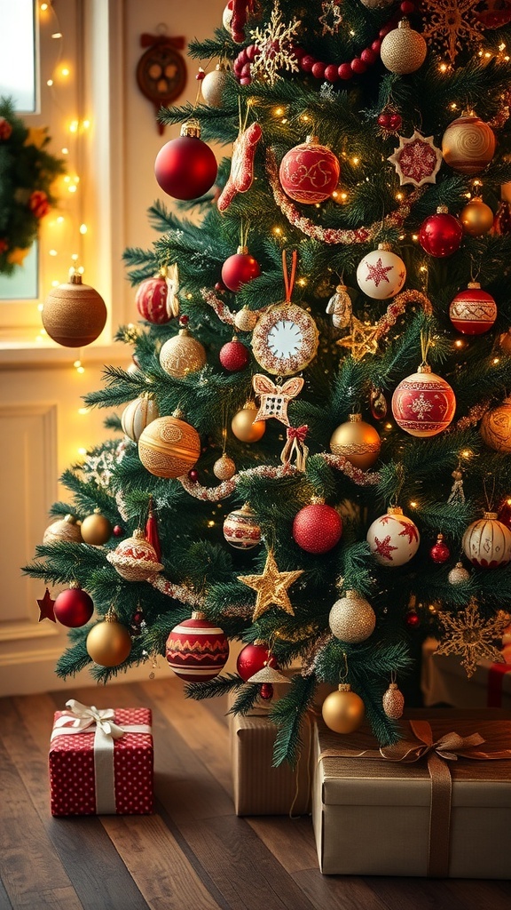 A vintage Christmas tree decorated with handmade ornaments and twinkling lights.